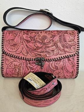 Juan Antonio NWT Hand-Tooled Pink Floral Leather Whipstitch Crossbody Bag